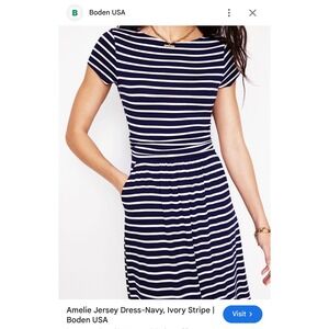 Boden Amelie Jersey‎ Dress Navy Ivory Stripe Fit Flare Pockets Knee Length 16L